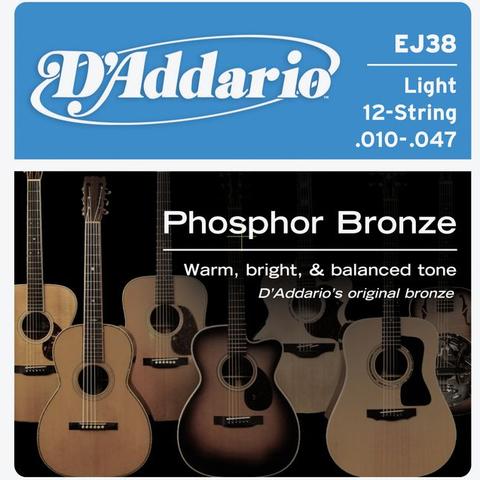 D'Addario EJ38 010-047 Phosphor Bronze Light 12-String acoustic guitar strings
